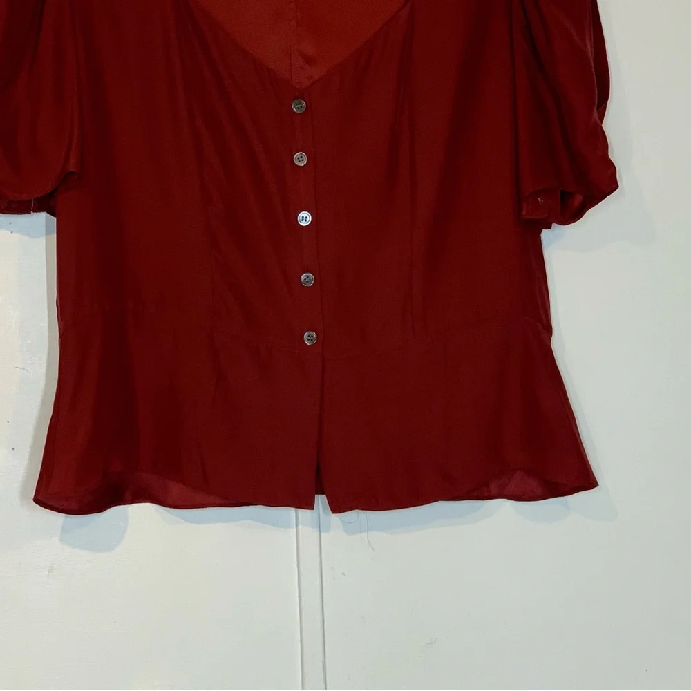 Frame Denim Red V-Neck Puff Sleeve Button Front Blouse - Picture 7 of 14